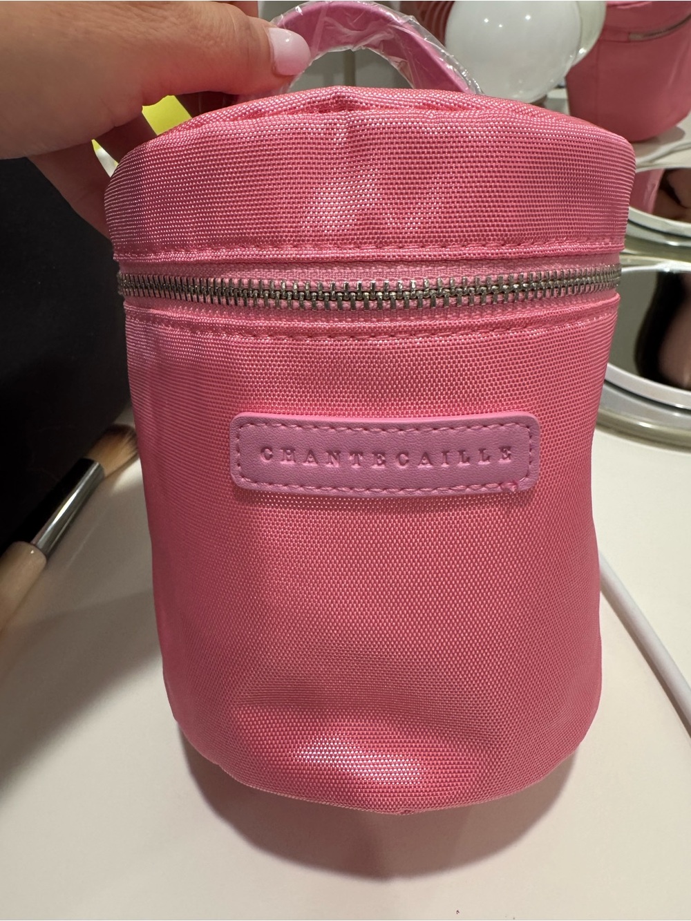 Chantecaille Pink Cylindrical Cosmetic Case w/ Top Handle & 4 skincare samples